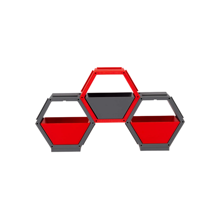 Modern hexagonal shelf, Modular storage unit, Geometric wall décor, Contemporary home organizer, red and gray shelving, Creative bookshelf design, Stylish home storage solution, Unique hexagon display, Decorative storage cubes, Minimalist furniture ideas, Customizable shelving system, Trendy home decor accessories, Space-saving shelf design, Modern interior design furniture, Eye-catching geometric shelves, Storage 