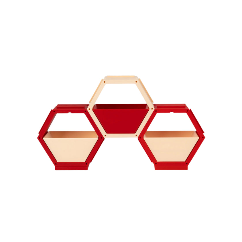 Modern hexagonal shelf, Modular storage unit, Geometric wall décor, Contemporary home organizer, red and gray shelving, Creative bookshelf design, Stylish home storage solution, Unique hexagon display, Decorative storage cubes, Minimalist furniture ideas, Customizable shelving system, Trendy home decor accessories, Space-saving shelf design, Modern interior design furniture, Eye-catching geometric shelves, Storage 