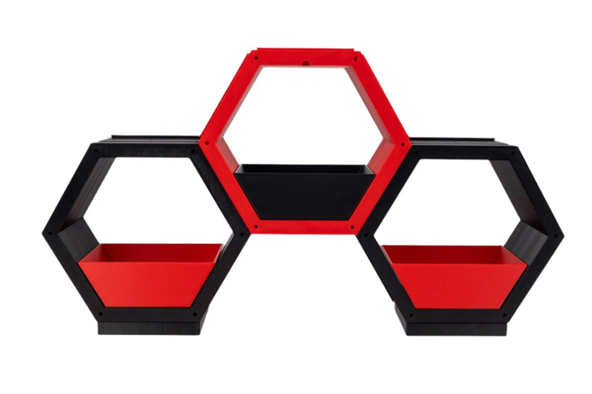 Modern hexagonal shelf, Modular storage unit, Geometric wall décor, Contemporary home organizer, red and gray shelving, Creative bookshelf design, Stylish home storage solution, Unique hexagon display, Decorative storage cubes, Minimalist furniture ideas, Customizable shelving system, Trendy home decor accessories, Space-saving shelf design, Modern interior design furniture, Eye-catching geometric shelves, Storage 