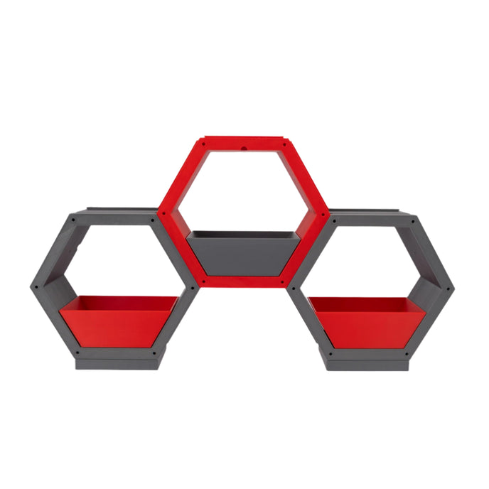Modern hexagonal shelf, Modular storage unit, Geometric wall décor, Contemporary home organizer, red and gray shelving, Creative bookshelf design, Stylish home storage solution, Unique hexagon display, Decorative storage cubes, Minimalist furniture ideas, Customizable shelving system, Trendy home decor accessories, Space-saving shelf design, Modern interior design furniture, Eye-catching geometric shelves, Storage 