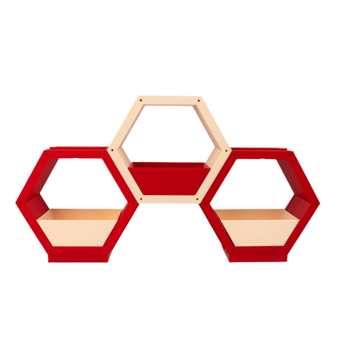 Modern hexagonal shelf, Modular storage unit, Geometric wall décor, Contemporary home organizer, red and gray shelving, Creative bookshelf design, Stylish home storage solution, Unique hexagon display, Decorative storage cubes, Minimalist furniture ideas, Customizable shelving system, Trendy home decor accessories, Space-saving shelf design, Modern interior design furniture, Eye-catching geometric shelves, Storage 