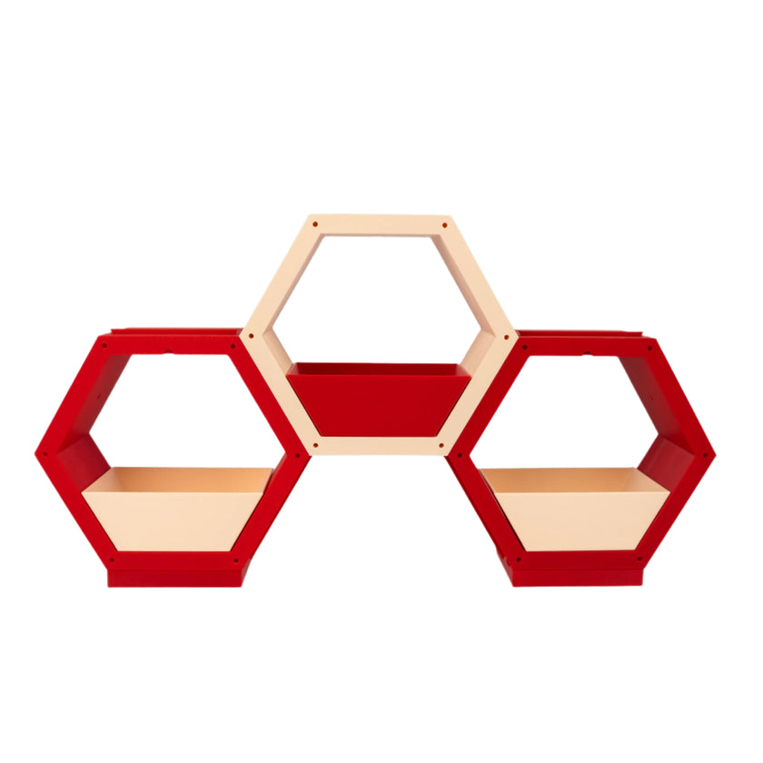 Modern hexagonal shelf, Modular storage unit, Geometric wall décor, Contemporary home organizer, red and gray shelving, Creative bookshelf design, Stylish home storage solution, Unique hexagon display, Decorative storage cubes, Minimalist furniture ideas, Customizable shelving system, Trendy home decor accessories, Space-saving shelf design, Modern interior design furniture, Eye-catching geometric shelves, Storage 